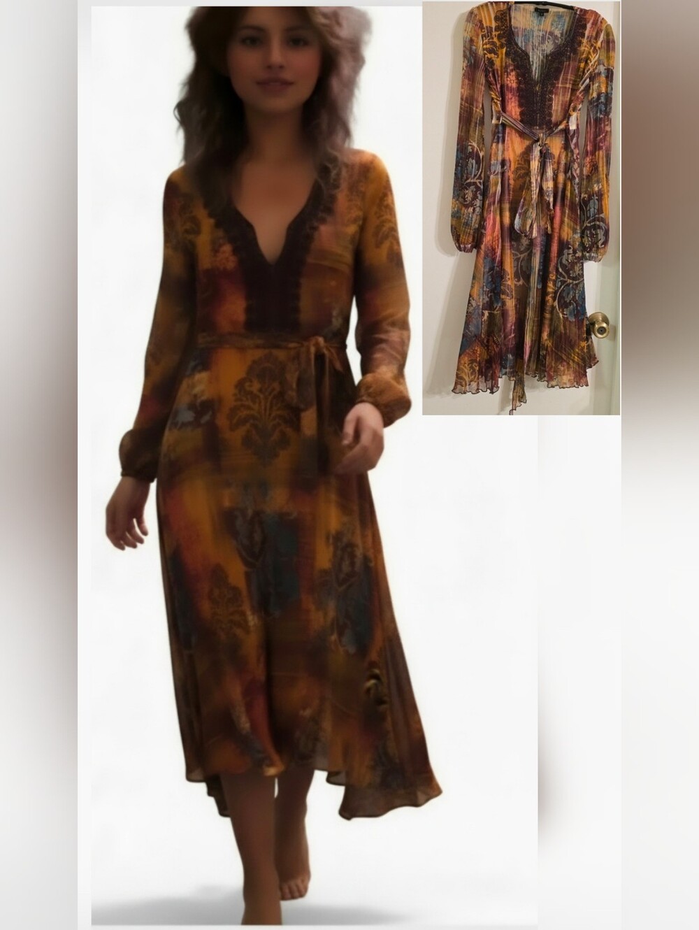 Komarov Multicolor Print Long-Sleeve Midi Dress with Lace Trim Size Small